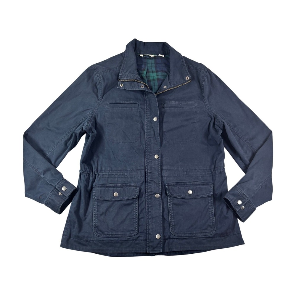 LL Bean Womens Navy Blue Canvas Field Jacket Plaid Lined Utility Coat M Regular